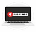 Subscribe button with bell and cursor. Red web button subscribe to channel or blog on computer screen. Social media concept, blogging, promotion, streaming video. Play button. Vector illustration