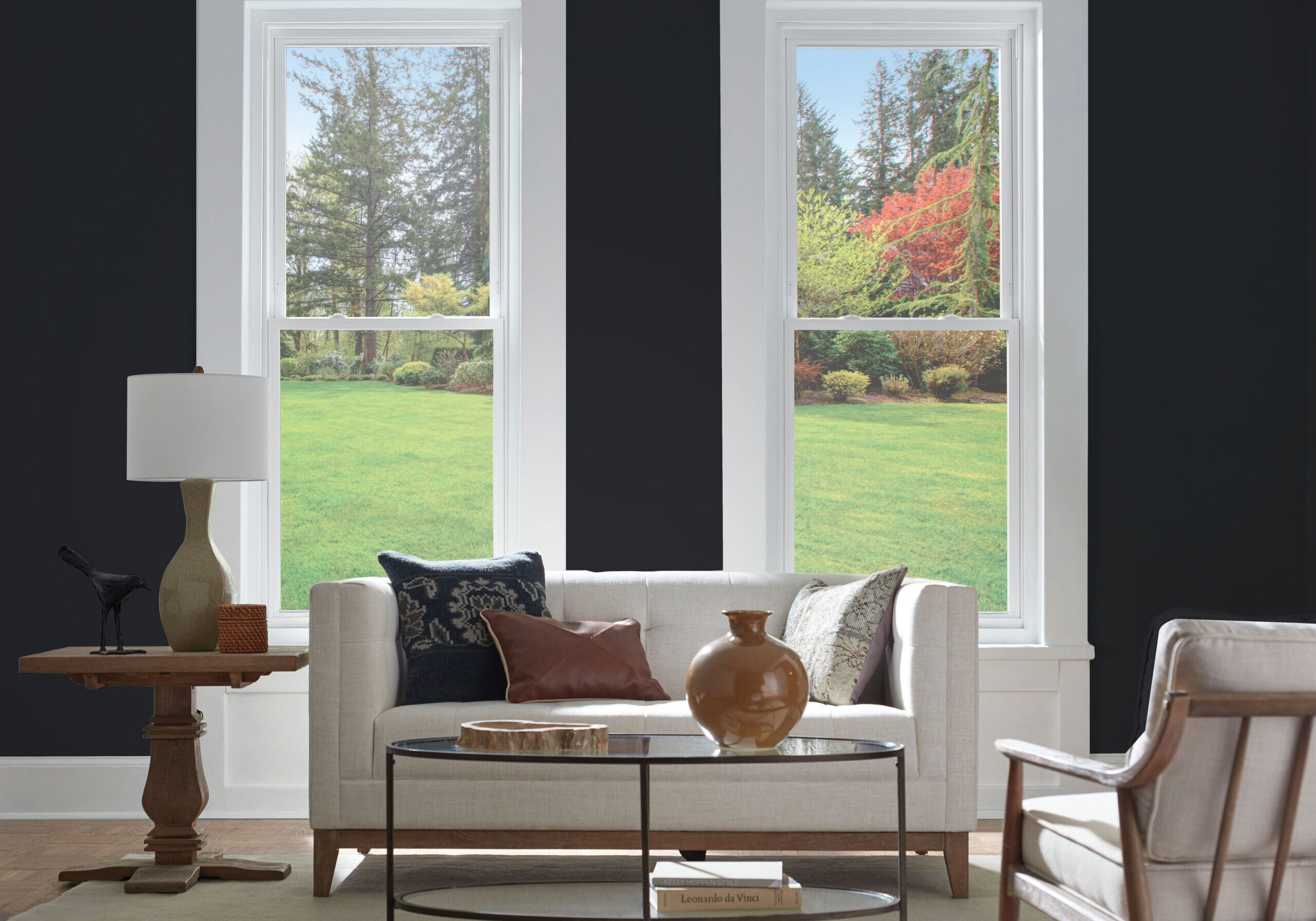 Regency 400 double-hung windows in a dining room/living room; Single prairie 5/8" flat grids white